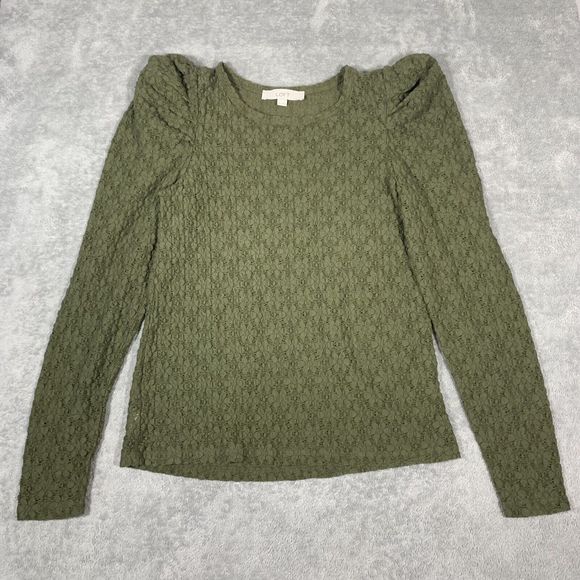 LOFT Olive Green Floral Textured Laser Cut Puffy Sleeve Stretchy Blouse Size XS - Picture 1 of 12